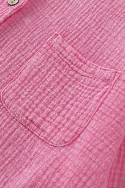 Pink Mineral Wash Crinkle Textured Chest Pockets Shirt-Tops-MomFashion