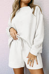 White Textured Long Sleeve Top and Drawstring Shorts Set-Loungewear-MomFashion