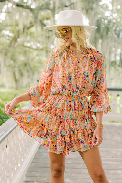 Multicolour Paisley Print Frilled Mini Dress-Dresses-MomFashion