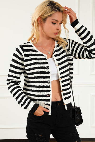 Black Contrast Striped Print Cardigan-Tops-MomFashion