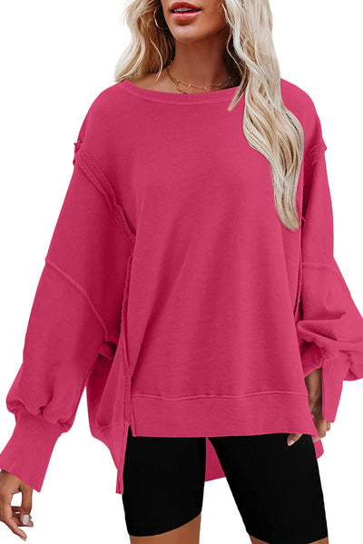 Rose Exposed Seam Drop Shoulder Slit High Low Hem Sweatshirt-Tops-MomFashion