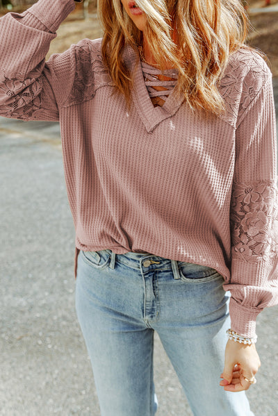 Pink Lace Waffle Patchwork Strappy V Neck Long Sleeve Top-Tops-MomFashion