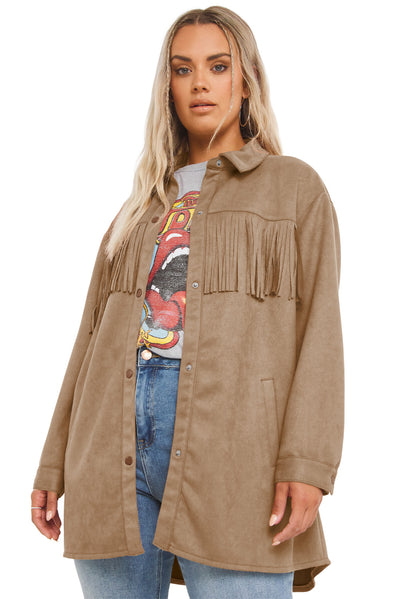 Khaki Fringe Trim Plus Size Suede Shacket-Plus Size-MomFashion