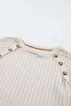 Parchment Contrast Lace Raglan Sleeve Buttoned Ribbed Top-Tops-MomFashion