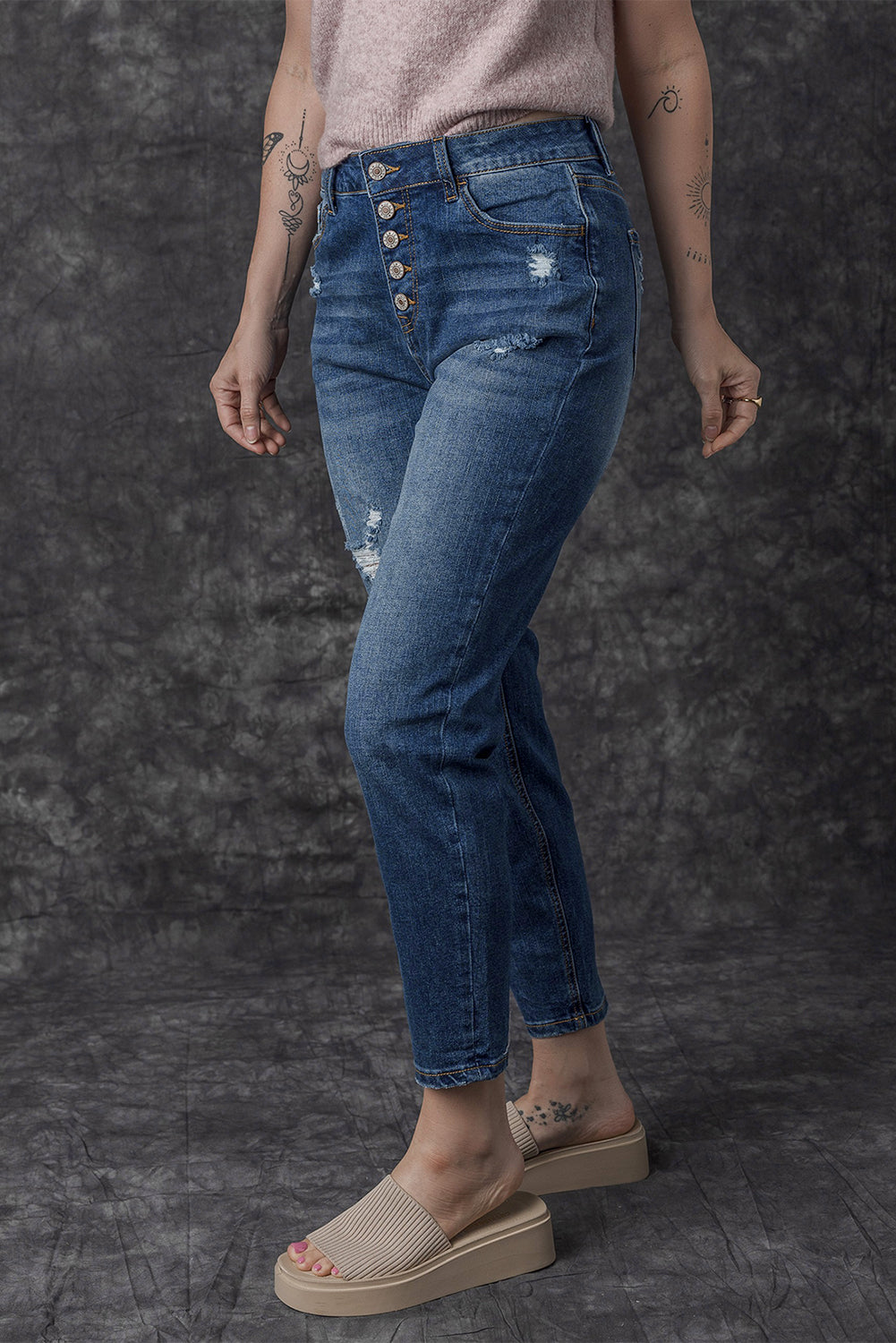 Blue Distressed Button Fly High Waist Skinny Jeans-Bottoms-MomFashion