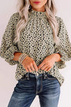 Khaki Frilled Neck 3/4 Sleeves Cheetah Blouse-Tops-MomFashion