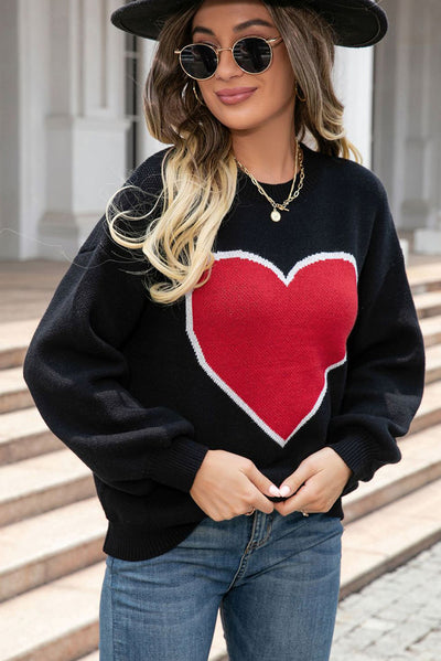 Black Heart Graphic Valentine Sweater-Tops-MomFashion