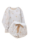 White Plush Star Pattern Long Sleeve Pullover and Shorts Lounge Set-Loungewear-MomFashion