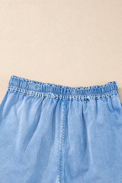 Beau Blue Casual Chambray Drawstring Shorts-Bottoms-MomFashion