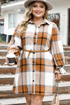 Khaki Plus Size Plaid Flounce Sleeve Button up Shirt Dress-Plus Size-MomFashion