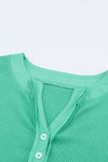 Green Trimmed Neckline Waffle Knit Henley Top-Tops-MomFashion