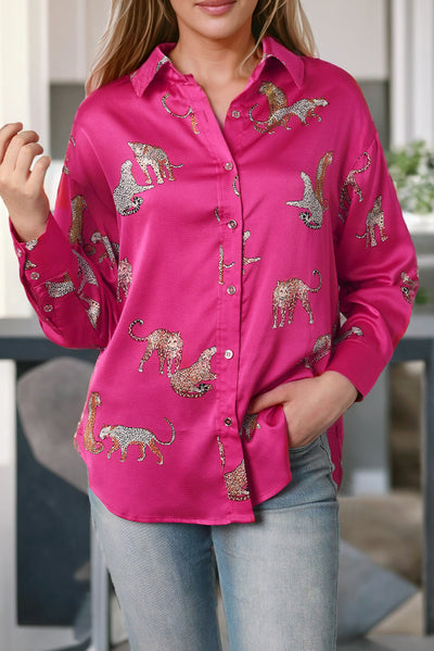 Rose Cheetah Animal Print Button Up Satin Shirt-Tops-MomFashion