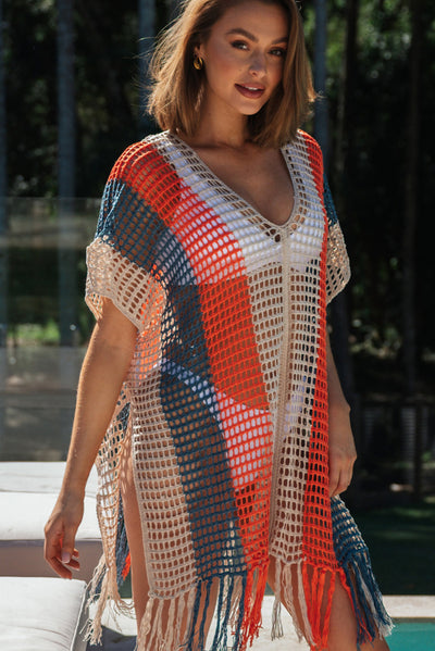 Multicolor Striped Tassel Crochet V Neck Beach Cover Up-Swimwear-MomFashion