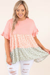 Pink Ruffled Short Sleeve Leopard Splicing Flowy Plus Size Top-Plus Size-MomFashion