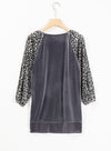 Medium Grey Leopard Splicing Lantern Sleeve Velvet Blouse-Tops-MomFashion