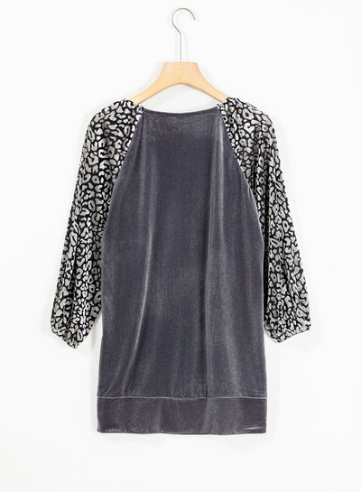 Medium Grey Leopard Splicing Lantern Sleeve Velvet Blouse-Tops-MomFashion