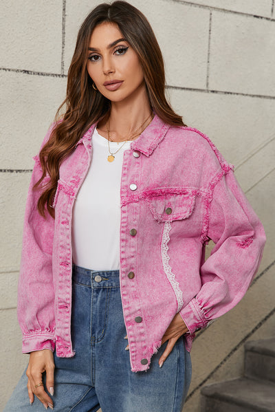 Pink Lace Patchwork Distressed Buttoned Denim Jacket-Outerwear/Denim jackets-MomFashion