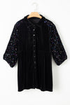 Black Sequin Puff Sleeve Buttoned Velvet Peplum Shirt-Tops-MomFashion