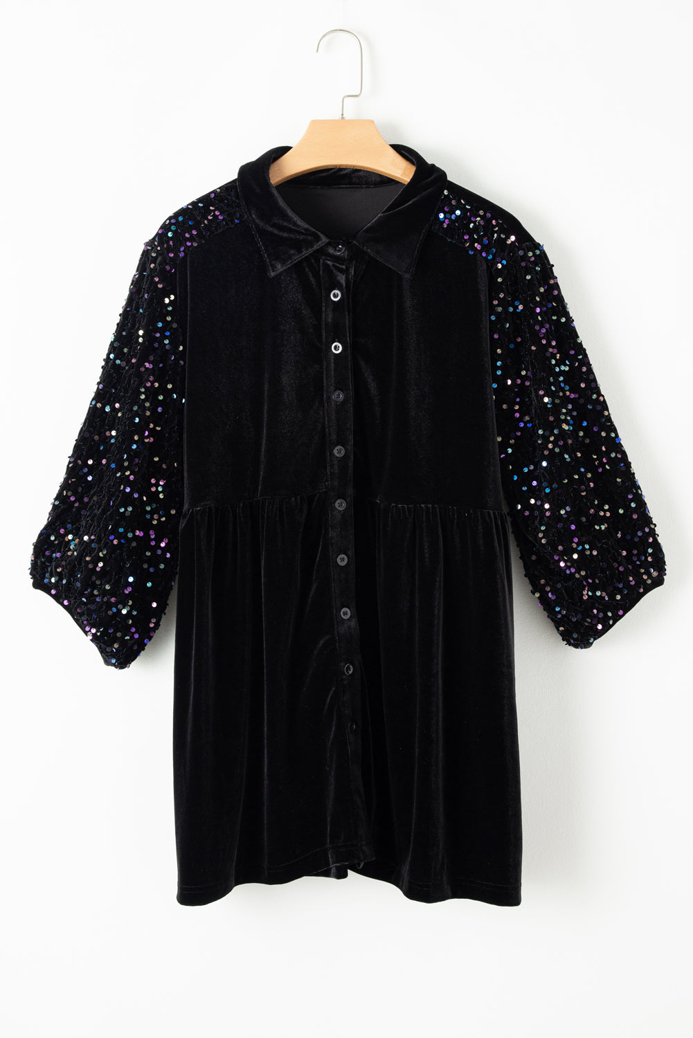 Black Sequin Puff Sleeve Buttoned Velvet Peplum Shirt-Tops-MomFashion