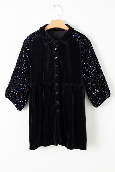 Black Sequin Puff Sleeve Buttoned Velvet Peplum Shirt-Tops-MomFashion