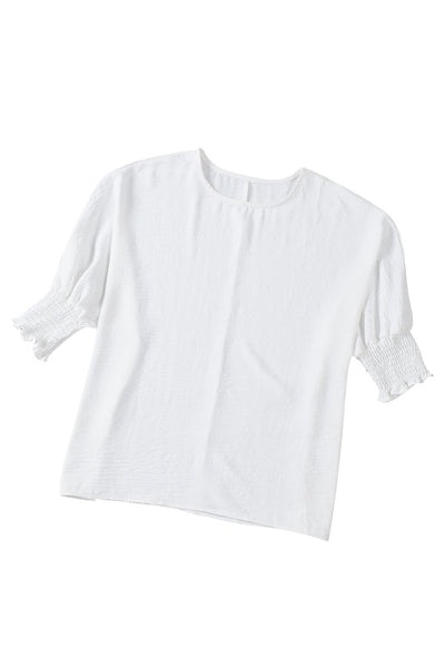 White Smocked Wrist Shift Top-Tops-MomFashion