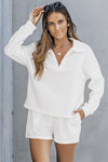 White Ribbed Zipper Sweatshirt and High Waist Shorts Set-Loungewear-MomFashion