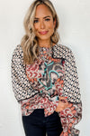 Black Mixed Floral Geometric Print Ruffled Long Sleeve Blouse-Tops-MomFashion