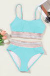 Sky Blue Striped Patchwork Spaghetti Strap High Waist Bikini Swimsuit-Swimwear-MomFashion