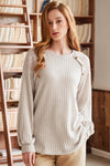 Parchment Contrast Lace Raglan Sleeve Buttoned Ribbed Top-Tops-MomFashion