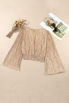 Camel Pleated Bell Sleeve Twist V Neck Cropped Blouse-Tops-MomFashion