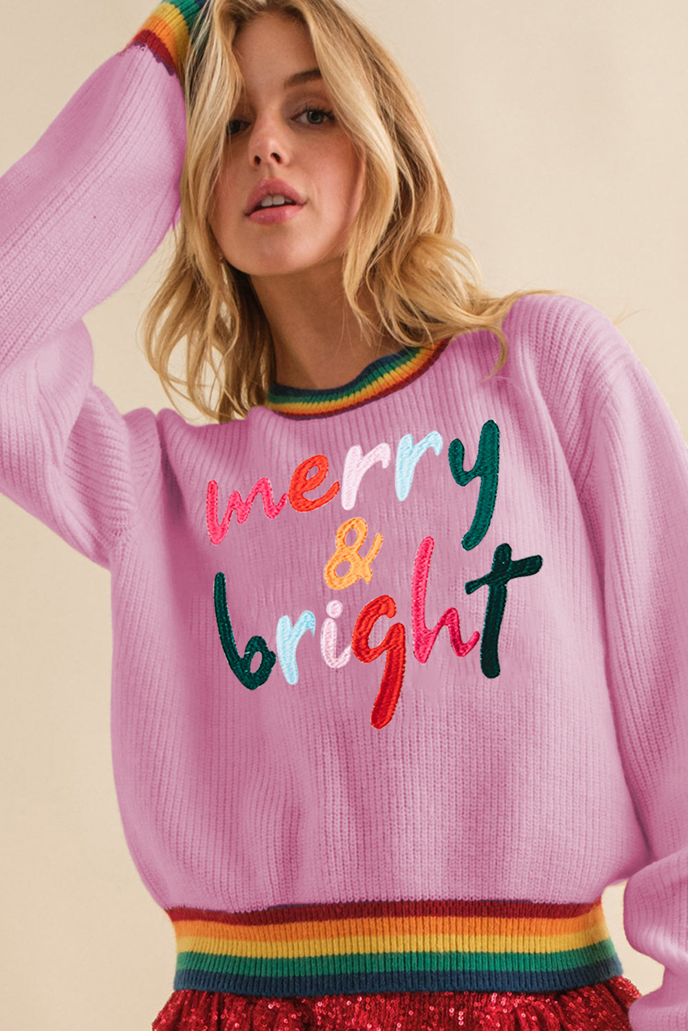 Bonbon Merry & Bright Colorful Stripes Trim Sweater-Tops-MomFashion