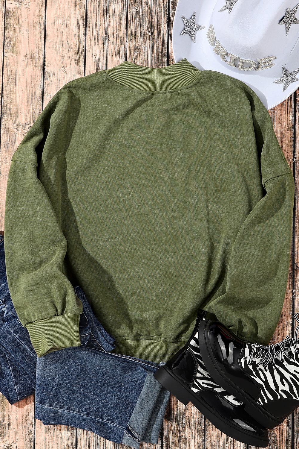 Green Drop Shoulder Crew Neck Pullover Sweatshirt-Tops-MomFashion