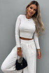 Beige Crop Top and Wide Leg Pants Two Piece Set-Loungewear-MomFashion