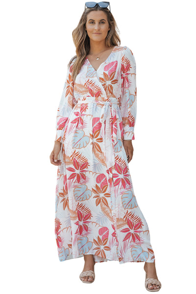 Tropical Plant Print Long Sleeve Wrap V-Neck Slit Maxi Dress-Dresses-MomFashion