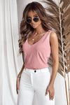 Light Pink V Neck Rib Textured Tank Top-Tops-MomFashion