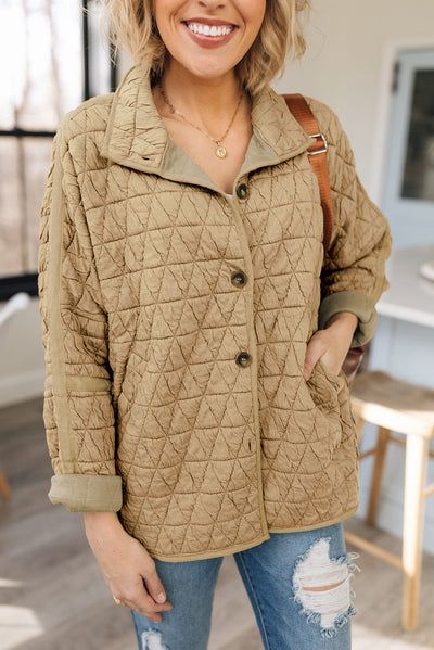 Khaki Quilted Button Front Funnel Neck Jacket-Outerwear-MomFashion