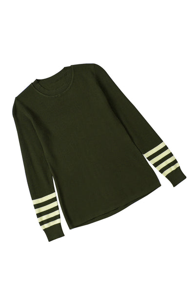 Green Striped Sleeve Plain Knit Sweater-Tops-MomFashion