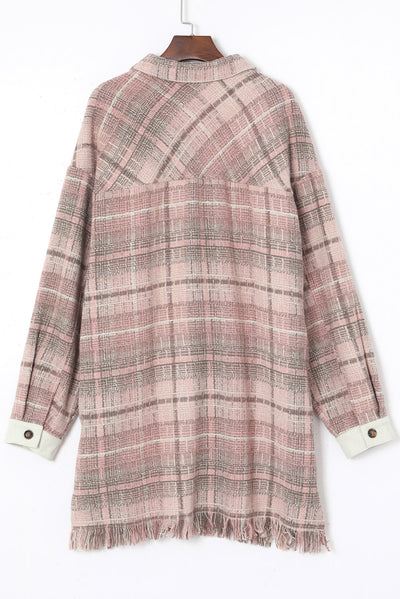 Pink Plus Size Macrame Plaid Coat-Plus Size-MomFashion