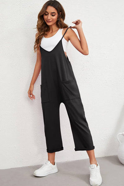 Black Pocketed Adjustable Spaghetti Strap Straight Leg Jumpsuit-Bottoms-MomFashion