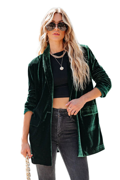 Green Casual Pocketed Velvet Blazer-Outerwear-MomFashion