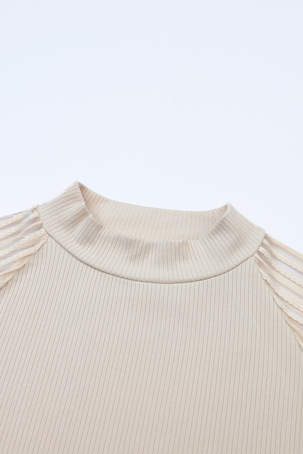 Apricot Striped Mesh Long Sleeve Crewneck Ribbed Top-Tops-MomFashion
