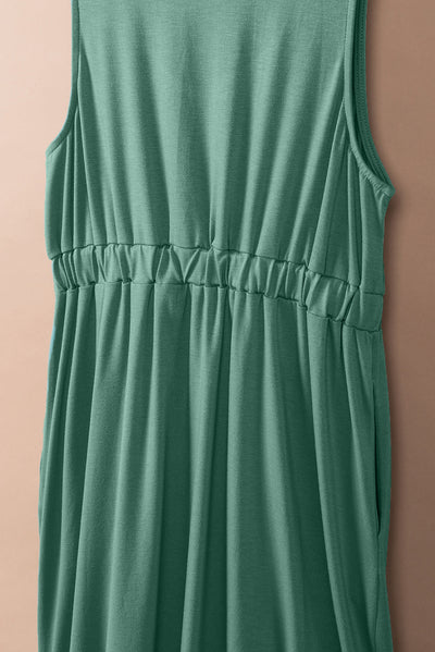 Green Buttons Sleeveless High Waist Mini Dress-Dresses-MomFashion