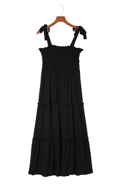 Black Tie Strap Smocked Frill Tiered Midi Dress-Dresses-MomFashion