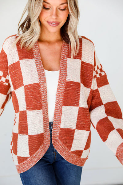 Chestnut Mix Checkered Open Front Knit Cardigan-Tops-MomFashion