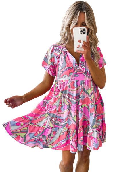 Pink Abstract Geometric Print Tassel Tie Flared Dress-Dresses-MomFashion