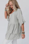 Gray Ruffled Trim Half Sleeve Open Front Kimono-Outerwear-MomFashion