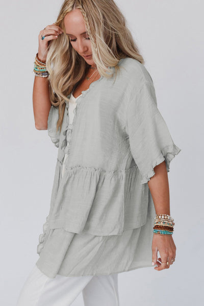 Gray Ruffled Trim Half Sleeve Open Front Kimono-Outerwear-MomFashion