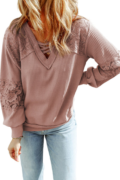 Pink Lace Waffle Patchwork Strappy V Neck Long Sleeve Top-Tops-MomFashion