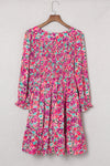 Purple Smocked V Neck Puffy Sleeve Floral Dress-Dresses-MomFashion