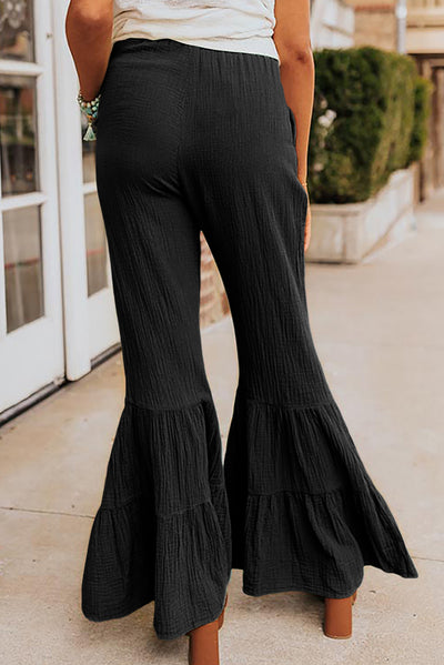 Black Textured High Waist Ruffled Bell Bottom Pants-Bottoms-MomFashion